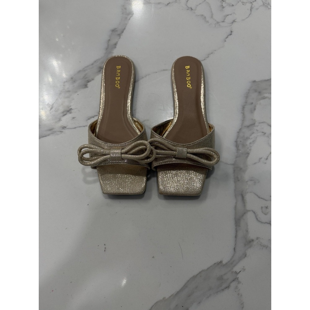 Bamboo Sandals Shoes‎ Womens Size 6 1/2 Gold Bow Square Toe Block Heel Mule